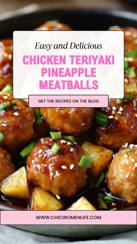 CHICKEN TERIYAKI PINEAPPLE MEATBALLS Teriyaki Chicken Balls, Amylu Chicken Teriyaki Meatballs, Chicken Pineapple Meatballs, Pineapple Teriyaki Chicken Meatballs, Chicken Meatballs Crockpot, Chicken Teriyaki Meatballs, Teriyaki Pineapple Meatballs, Pineapple Teriyaki Chicken, Chicken Hoisin Sauce