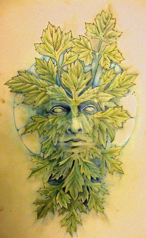 greenman | Green man & Moon" - by Knotty Inks. The Green Man is related to ... Green Man Tattoo, Guiseppe Arcimboldo, Carillons Diy, The Green Man, Wood Spirit, Plant Tattoo, Full Sleeve Tattoos, Nature Spirits, Church Architecture