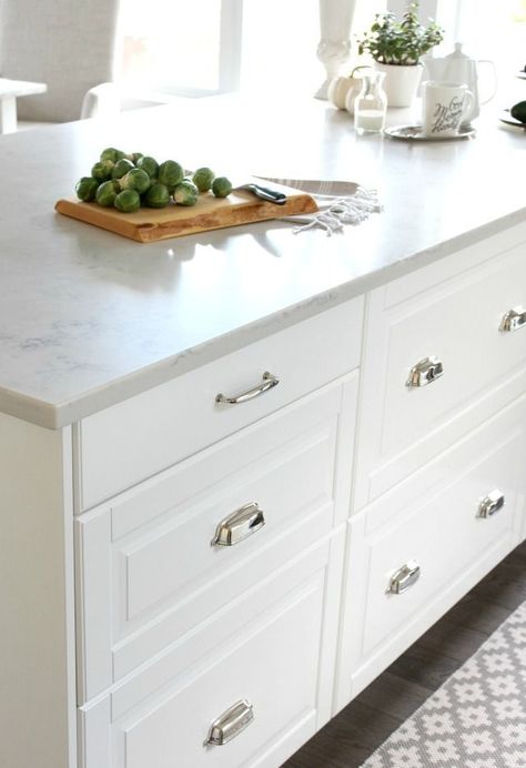 Ikea Bodbyn Kitchen, Ikea Bodbyn, White Ikea Kitchen, White Kitchen Renovation, Marble Kitchen Island, Ikea Kitchen Island, Kitchen Ikea, Diy Kitchen Projects, Classic White Kitchen