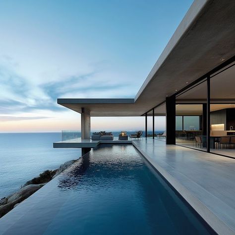 House Overlooking Ocean, Infinity Edge Pool Design, Water Design Architecture, Pool With Ocean View, House With Ocean View, Modern House With Pool, Sea View House, Water Architecture, Ocean Pool