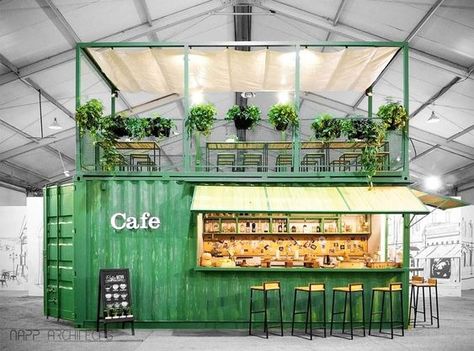 Restaurant Layouts, Shipping Container Cafe, Container Coffee Shop, Pop Up Cafe, Container Restaurant, Green Cafe, Container Cafe, Container Bar, Pop Up Restaurant