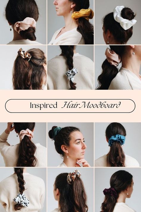 Image features a colleague of 12 images with a person with long brown hair. The images all includes hair accessories (scrunchies). From left to right:
- Low bun with cream scrunchie
- Low ponytail with yellow scrunchie 
- High bun with white lace scrunchie
(Row 2):
- Paisley scrunchie in half up do 
- Black/white scrunchie in loose braid 
- Cream scrunchie in low bun 
(Row 3):
- Low messy ponytail with cream scrunchie
- High bun with teal scrunchie 
- Low ponytail with blue scrunchie Scrunchies Hairstyles Short Hair, Large Scrunchie Hairstyles, Scrunchie Hairstyles Short Hair, Oversized Scrunchie Hairstyles, Scrunchies Photoshoot, Hairstyles With Scrunchies, Crochet Photoshoot, Knitted Scrunchies, Manners Quotes