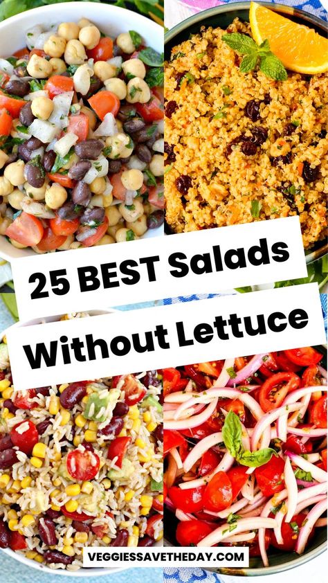 Collage of images showing bean salad, grain salad, rice salad, and tomato salad with text overlay 25 BEST Salads Without Lettuce. Salads Without Lettuce, Bean Salads, Best Salads, Dairy Free Salads, Lettuce Salad Recipes, Lettuce Recipes, Vegetable Salads, Side Salad Recipes, Vegan Salads