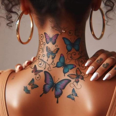 Tattoo For Covering Scars, Back Butterfly Tattoo Women, Women Neck Tattoo Ideas, Delicate Tattoos For Women, Arm Sleeve Tattoos For Women, Bright Tattoos, Cute Hand Tattoos, Pretty Hand Tattoos, Butterfly Tattoos For Women