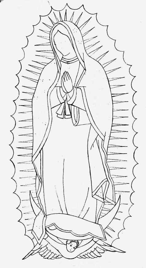 Virgen Mary Outline Tattoo, How To Draw The Virgin Mary, Easy Virgencita Drawing, Our Lady Of Guadalupe Coloring Page, Virgen Mary Drawings, Virgin Mary Coloring Page, Mother Mary Drawing Easy, Lady Of Guadalupe Drawing, Virgin Mary Line Art