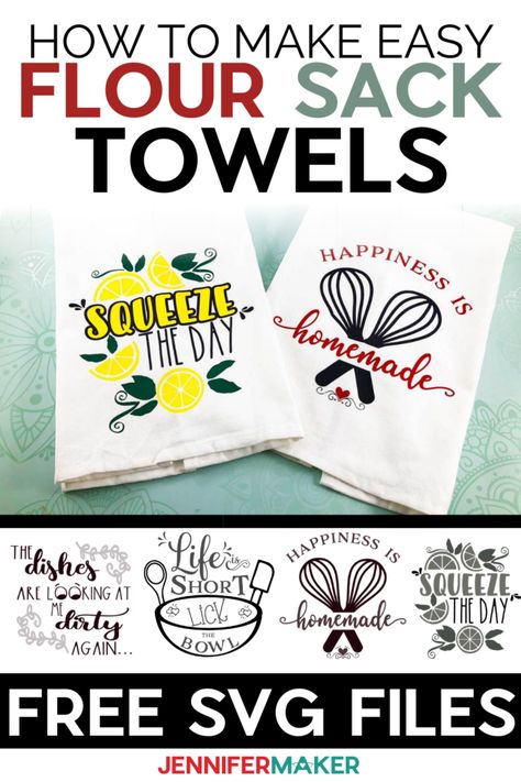 Create the cutest Flour Sack Towels with my step by step tutorial and free SVG files. These are great to personalize your kitchen or give them as a wonderful and fun gift! Kitchen Towel Sayings, Cricut Towels, Flour Sack Towels Crafts, Easy Gift Ideas, Cricut Heat Transfer Vinyl, Cricut Accessories, Cricut Business, Jennifer Maker, Tea Towels Diy