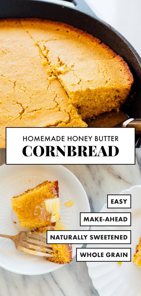 Make the BEST homemade cornbread with this easy recipe! It's fluffy on the inside, a little crisp around the edges, and infused with irresistible honey-butter flavor. This cornbread recipe is naturally sweetened and made with whole grains! #cornbread #naturallysweetened #wholegrain #cornmeal #cookieandkate Best Homemade Cornbread, Butter Cornbread Recipe, Cornbread Recipe From Scratch, Honey Butter Cornbread, Homemade Honey Butter, Easy Food Recipes, Honey Cornbread, Cornbread Easy, Homemade Cornbread