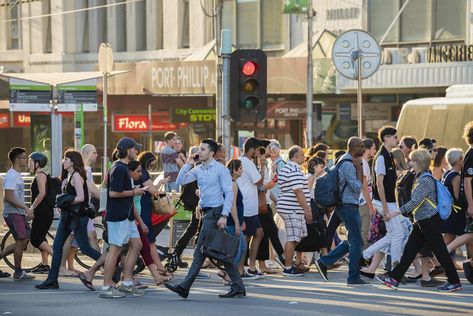 Busy Crosswalk, People Crowd, Melbourne Cbd, People Walking, Busy City, Sunset Pictures, People Photography, Drawing Reference Poses, Image Photography