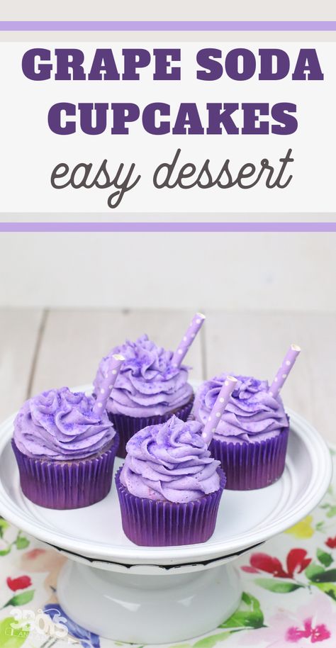 This Grape Soda Cupcakes Recipe will have everyone grabbing two! If you're looking to make a cupcake recipe with grape soda, this is it! Purple Cake Flavors, Soda Can Cupcakes, Fun Easy Cakes To Make, Grape Cupcake Recipe, Grape Soda Cupcakes, Grape Cake Recipe, Purple Desserts Ideas, Grape Cupcakes, Soda Frosting