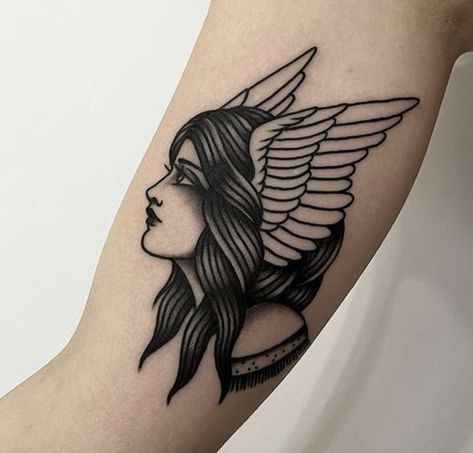 Traditional Style Tattoo For Women Black And White, Angel Tattoo Traditional, Cowgirl Tattoos Traditional, Black American Traditional Tattoo, American Traditional Tattoos Black And White, Oldschool Tattoo Black, Traditional Woman Tattoo, Black And Grey American Traditional, Black Traditional Tattoo Old School