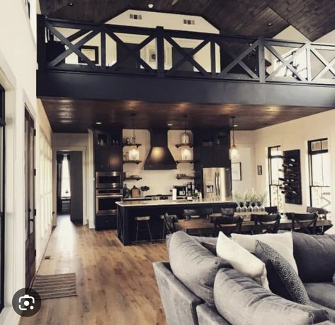 Black Barndominium Interior, Loft Above Kitchen, Barndominium With Loft, Barndo Ideas, House Flipper, Barndominium Interior, Barn House Interior, Black Barndominium, Creek House