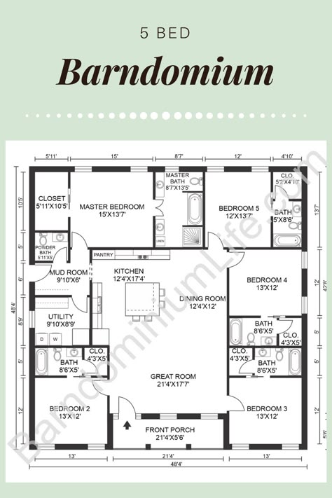 If you don’t have it in the budget to splurge on a huge outdoor living space, this cute little porch on the front of this home will still give you the perfect spot to relax at the end of a long day.  Another great perk of this layout is that each bedroom has its own dedicated bathroom, making it ideal for older kids who have returned to the nest, or elderly parents who are living with their kids. Everyone has their own space with plenty of privacy when needed in this floor plan. Mother In Law Suite Barndominium, Build A Porch On A Budget, 3 Bed With Office Floor Plan, Residential Assisted Living Floor Plans, 5 Bedroom Home Floor Plans, 5 Bedroom Open Floor Plan, Ada Compliant House Plans, Building A Barndominium On A Budget, Build A House On A Budget