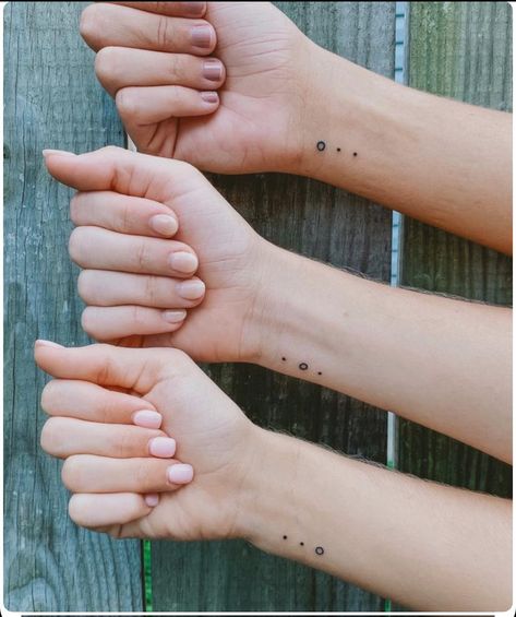 Ankle Tattoos For Sisters, Sister Tattoos For Three Sisters, Three Way Friendship Tattoos, Matching 3 Friends Tattoos, Sisters Minimalist Tattoo, Dot Friendship Tattoos, Small Tattoos For 3 Sisters, Tattoo Idea For Three Friends, 6 Friends Tattoo Ideas