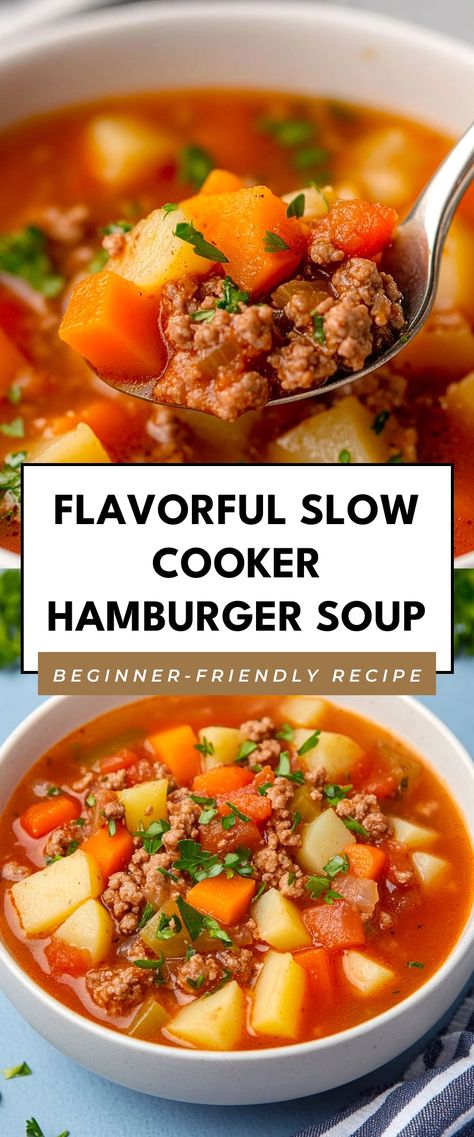 Image for Flavorful Slow Cooker Hamburger Soup Soup With Hamburger Meat, Keto Hamburger Soup, Hamburger Soup Crockpot, Soup With Hamburger, Hearty Hamburger Soup, Slow Cooker Hamburger, Slow Cooker Hamburger Soup, Classic Hamburger, Keto Hamburger