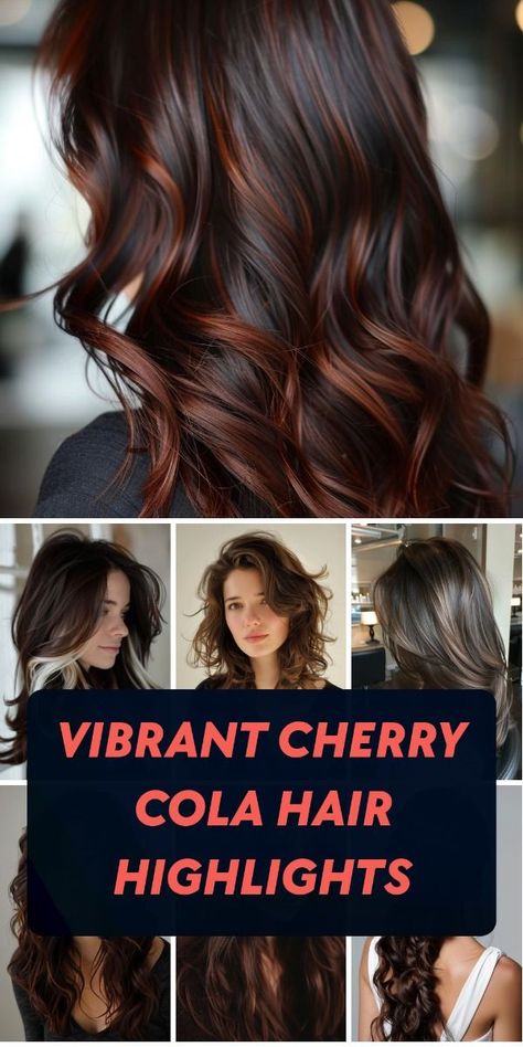 Add a pop of color to your locks! Warm chocolate brown meets cherry cola highlights for a reflective, vibrant finish that's sure to turn heads. Chocolate Merlot Hair, Cherry Chocolate Hair With Highlights, Cherry Cola Hair Highlights, Cherry Cola Brunette, Chocolate Cherry Hair Color With Highlights, Cherry Brown Highlights, Chocolate Hair Color With Highlights, Cherry Cola Highlights, Cherry Cola Balayage