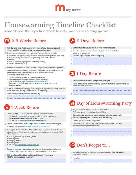 Housewarming Party Timeline Checklist | My Move Food Suggestions, Party Timeline, House Warming Party, House Gift Box, Susan Miller, Housewarming Gift Baskets, Party Checklist, Tea Sampler, Perfect Timing