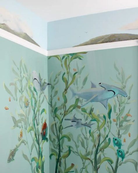 Wall Murals Painted Bedrooms, Shark Mural, Underwater Mural, Underwater Bedroom, Bedrooms Inspiration, Sea Murals, Forest Mural, Kids Room Murals, Sea Underwater