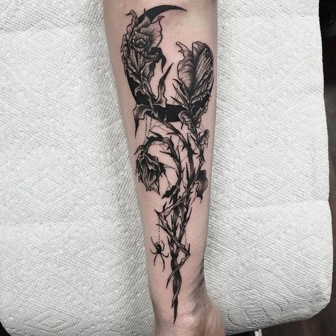 Black Nature Tattoos, Goth Botanical Tattoo, Dark Forearm Cover Up Tattoos For Women, Dark Spooky Tattoos, Gothic Mushroom Tattoo, Goth Floral Tattoo, Creepy Floral Tattoo, Gothic Shoulder Tattoo, Skeleton And Flowers Tattoo