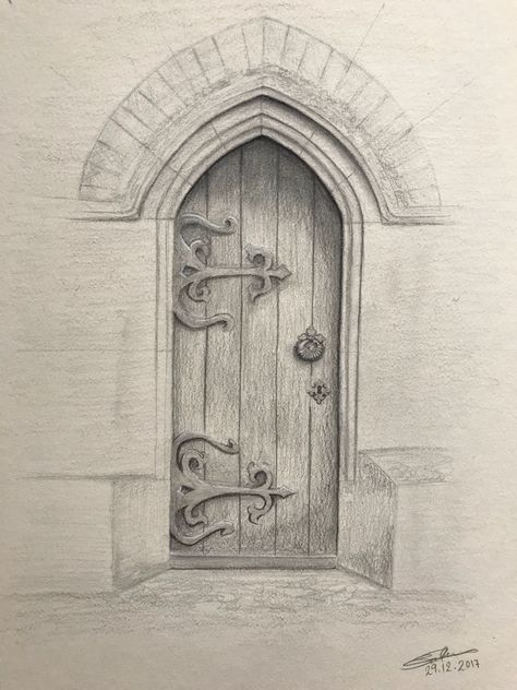 Doors Architecture Drawing, Drawing Door Ideas, Wooden Door Drawing, Pencil Fantasy Art Drawings, Fantasy Door Drawing, Drawing Doors Sketches, Hand Knocking On Door Drawing, How To Draw A Door, Fantasy Door Art