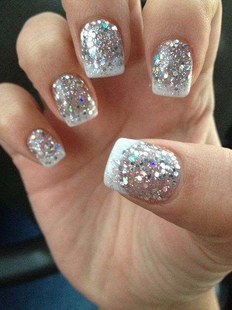 White tip with silver sparkles fading into the white, sparkles a lot. Sparkle Nails French Tip, Nails French Tip Christmas, French Tip Christmas, Jennifer Nails, White Sparkle Nails, Glitter Toe Nails, Prom Nails Silver, Decorative Nails, Turquoise Nails