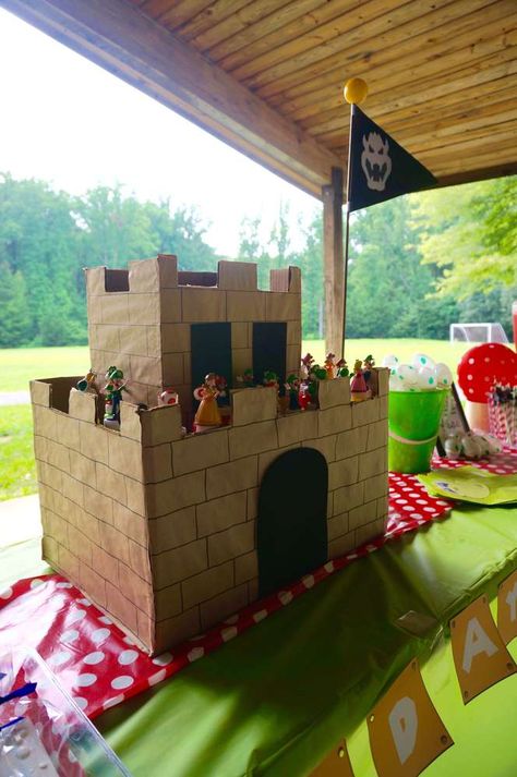 Outdoor Super Mario Birthday Party, Mario Kart Backdrop, Bowser Party Decorations, Mario Castle Diy, Super Mario Halloween Decorations, Mario Kart Birthday Party Decoration, Bowser Party Ideas, Super Mario Party Decorations, Mario Bros Birthday Party