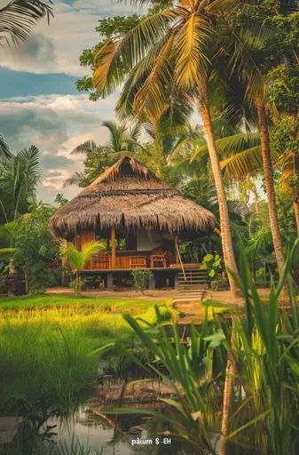 ↑↑↑ Larger size on website 🔸 A thatched-roof hut stands nestled amongst lush palm trees and greenery.  The hut has wooden walls a 🔸 From Midjourney AI Image Tropical Hut, Forest Hut, Bali Huts, Small Porch, Tiki Hut, Hawaiian Culture, Small Porches, Small Ponds, Thatched Roof