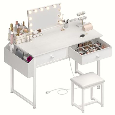 Make Up Desk, Small Vanity Table, Desk With Chair, White Makeup Vanity, Makeup Vanity Desk, Padded Stool, Vanity Benches, Small Vanity, Make Up Desk Vanity