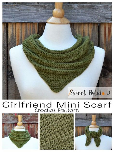 The new Girlfriend Mini Scarf is just a fun accessory for everyday wear. This is a quick project that is fun to make and has multiple ways to wear it.Tie it in front for a fun trendy look.Tie it in back for a classic look.Use a scarf pin to secure the back together for a draping scarf look.No matter what look you like this fun small scarf will be a hit. Crochet Small Scarf, Crochet Patterns For Shawls, Front Neck Tattoo, Crochet For Men, Squared Clothes, Small Neck Scarves, Mini Scarf, Crochet Scarf Patterns, Crochet Neck Warmer