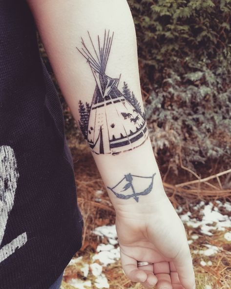 Indian Themed Tattoos, Teepee Tattoo Design, Tipi Tattoo Native Americans, Native Hand Tattoos For Women, Teepee Tattoo Native Americans, Native American Style Tattoos, Native American Wrist Tattoos, Western Indian Tattoo, Indian Tattoos For Women Native