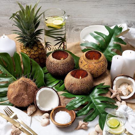 Hawaiian Table Decorations, Hawaiian Centerpieces, Palm Springs Pool Party, Beach Table Decorations, Coconut Shell Candle, Coconut Shell Bowl, Tropical Wedding Centerpieces, 21st Decorations, Coconut Candles