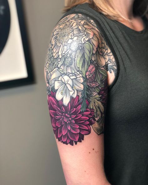 BOOKS OPEN👀 We added to this beautiful white wedding bouquet. New dahlia and hummingbird. • • • • #dahlia #floral #flower #flowers… | Instagram Dahlia Tattoo Sleeve, Dahlia Bouquet Tattoo, Dahlia Tattoo Shoulder, Sunflower And Hummingbird Tattoo Sleeve, Dahlia Tattoo Color, Floral Hummingbird Tattoo Half Sleeves, Delilah Flower Tattoo, Realistic Flower Tattoo Color, Daliah Flower Tattoos