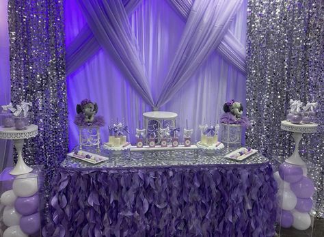 Purple And Silver Backdrop, Light Purple Quinceanera Decorations, Sweet 16 Purple And Silver Theme, Elephant Baby Shower Theme Girl, Purple Sweet 16, Wedding Drapery, Lavender Baby Showers, Purple Quince, Purple Birthday Party