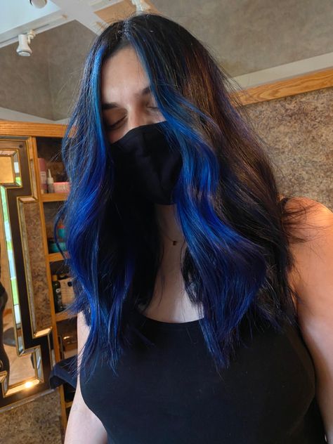 Blue Hilights Hair, Blue Money Pieces On Black Hair, Blue Underlayer Hair, Brown Hair With Blue Money Piece, Black Hair With Blue Front Pieces, Blue Front Pieces Of Hair, Black Hair With Blue Balayage, Brown Hair With Blue Front Pieces, Blue Curtain Bangs