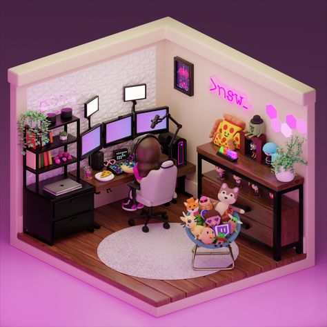 A cute gaming room I have created for my client. Cute Gaming Room, Streaming Room, Isometric Room, Cute Gaming, 3d Miniature, Twitch Streaming, 3d Isometric, Model Room, 3d Blender