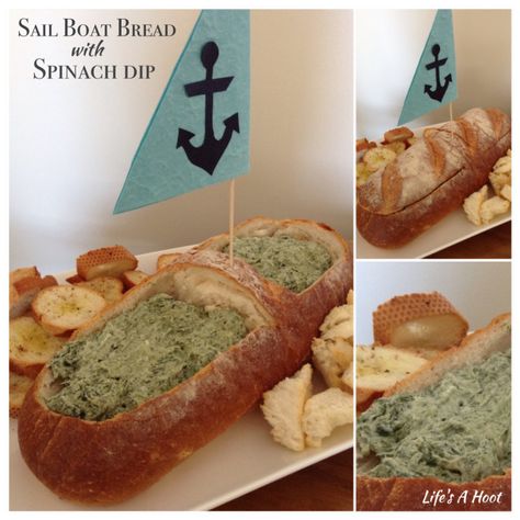 Sailboat Bread with Spinach Dip. Entree, nibbles, bite size for nautical or boat themed party. Just like a Cob Loaf with Spinach Dip. www.hootlife.wordpress.com Boat Party Snacks, Nautical Food Ideas, Nautical Food, Sailboat Party, Nautical Baby Shower Boy, Cob Loaf, Baby Shower Ideas For Boys, Nautical Bridal Showers, Beach Baby Showers