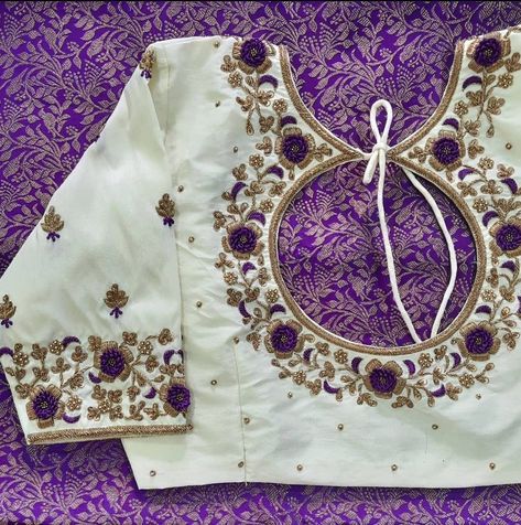 Cream Color Maggam Work Blouse, White Blouse Designs For Saree Hand Work, White Work Blouse Designs, White Blouse Work Designs, White Aari Work Blouse, White Blouse Designs For Saree Silk, White Silk Blouse Designs, White Handwork Blouse, Cream Blouse Designs