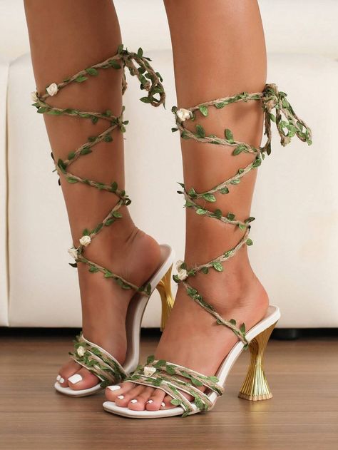 Women Fashion Summer Cross Strap Rose & Vine Design Open Toe Chunky Heel Sandals, Comfortable And Breathable Hollow High Heels | SHEIN USA Vine Heels, Floral Heels, Rose Vines, Cute Shoes Heels, Vine Design, Chunky Heels Sandals, Cross Straps, Women's Summer Fashion, Womens High Heels