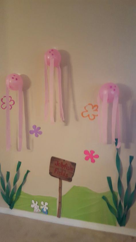 Spongebob jellyfish fields Spongebob Jellyfish Diy, Spongebob Dorm Theme, Spongebob Door Decorations, Spongebob Themed Classroom, Spongebob Jellyfish Party, Spongebob Birthday Decorations Diy Party Ideas, Jellyfish Fields Spongebob, Spongebob Trunk Or Treat Ideas, Spongebob Classroom Theme