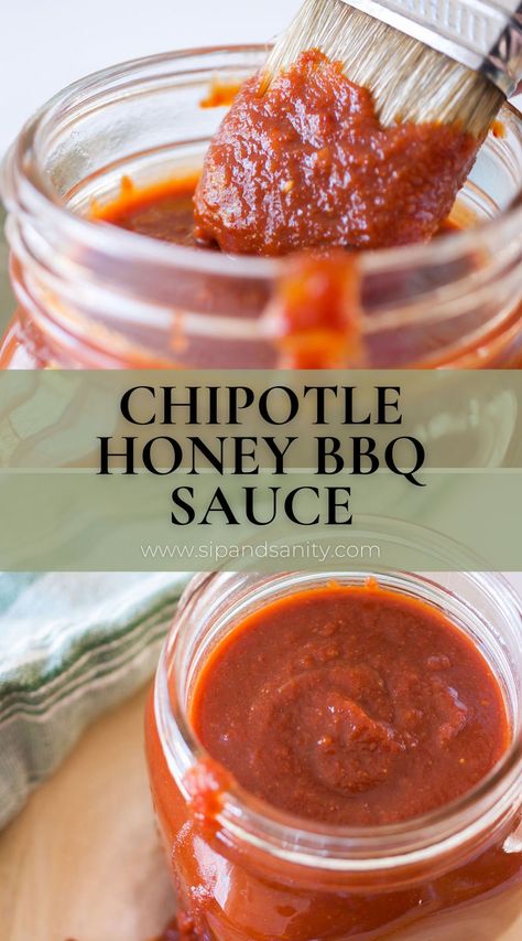 Homemade Chipotle Honey BBQ Sauce (without ketchup) - Sip + Sanity Chipotle Sauce Recipe, Honey Chipotle Sauce, Spicy Bbq Sauce, Chipotle Powder, Homemade Chipotle, Homemade Dips, Honey Bbq Sauce, Sauces Recipes, Honey Chipotle