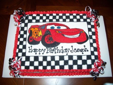 Disney Cars — Children's Birthday Cakes...I like the red, black, and white curling ribbons with the  red border frosting. Pastel Rayo Mcqueen, Race Cars Cake, Cake Sheet, Mcqueen Cake, Race Car Cakes, Cars Cake, Disney Cars Party, Disney Cars Birthday, Cars Birthday Party Disney