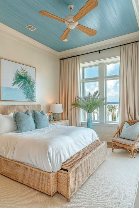 44 Modern Coastal Bedroom Ideas (Refined and Relaxed) Minimalist Coastal Bedroom, Modern Coastal Decor Bedroom, Blue Painted Ceiling, Minimalistic Bedroom Ideas, Florida Beach House Decor, Modern Coastal Bedroom Ideas, Coastal Guest Bedroom, Minimalistic Bedroom, Coastal Bedroom Decor