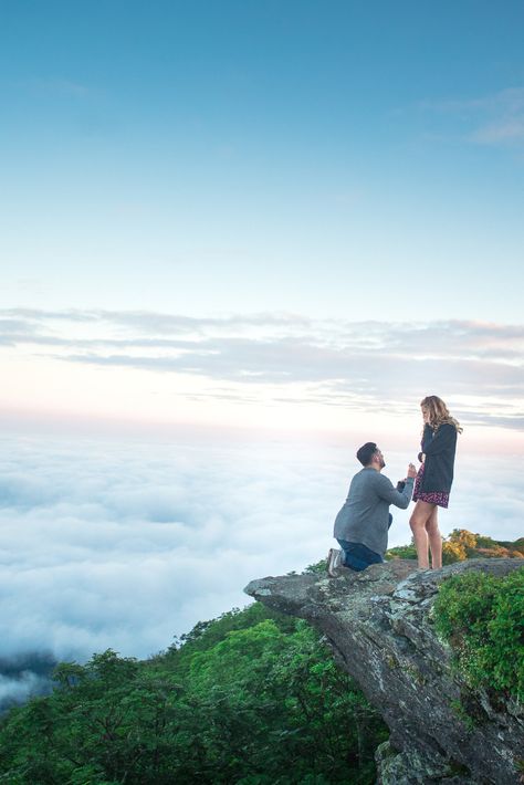 Surprise proposal, Proposal photography, Secret Proposal, Romantic proposal, mountain proposal ideas, North Carolina Mountain proposal, Mountaintop Proposal.  A sunrise proposal session at Craggy Overlook off the Blue Ridge Parkway #kathybeaverphotography #ashevilleproposalphotographer North Carolina Proposal, Proposal On Mountain, Proposal Ideas Mountains, Morning Mountain View, Mountaintop Proposal, Proposal Mountain, Wedding Table Plan Ideas, Table Plan Ideas, Sunrise Proposal