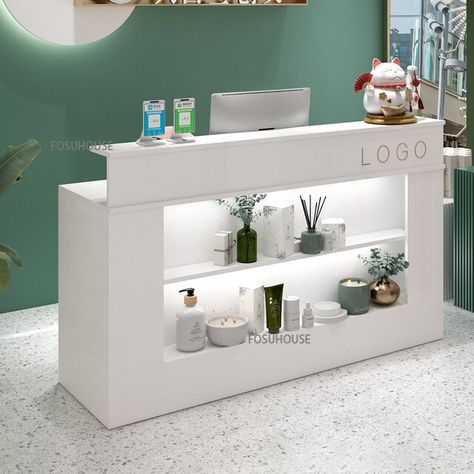 Front Desk For Salon, Spa Counter Reception Desks, Products Display Design, Reception Desk With Display Shelves, Spa Desk Reception Areas, Salon Checkout Counter, Store Desk Design, Modern Store Interior Design, Office Front Desk Design Receptions