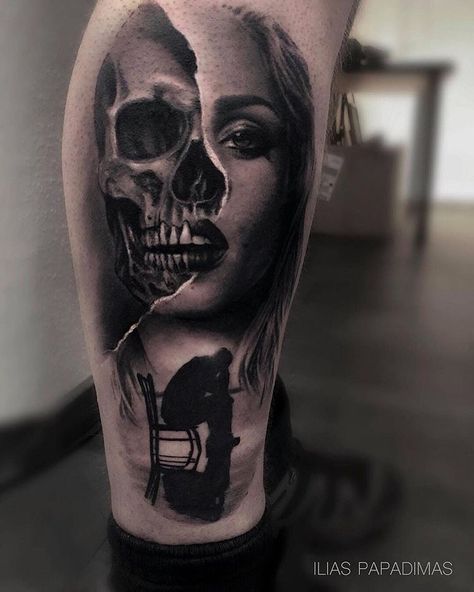 Half Skull Half Female Face Tattoo, Skull And Face Tattoo, Hiding Behind A Mask Tattoo, Half Skull Half Woman Face Tattoo, Creepy Face Tattoo, Half Skull Face Tattoo, Skull Gas Mask Tattoo, Realistic Tattoo Sleeve Women, Half Face Half Skull Tattoo