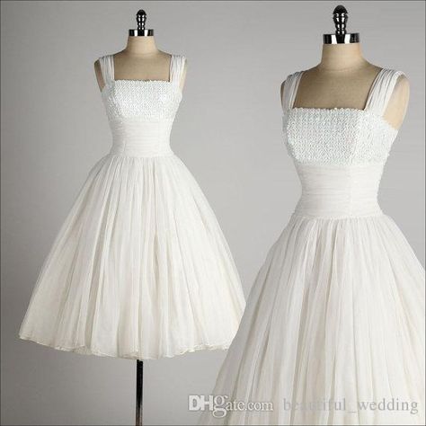 Buy Dresses Online 1950 Style Wedding Dresses A Line Square Neck Sleeveless Tea Lenght White Chiffon Vintage 1950s Dress Iridescent Sequin Bust Custom Made Lace A Line Wedding Dress From Beautiful_wedding, $131.8| Dhgate.Com Wedding Dresses 50s Style, Wedding Dresses Vintage 50s, 1950 Style, Wedding Dresses A, Wedding Dresses A Line, Iridescent Dress, 1950 Fashion, Dresses A Line, Vintage 1950s Dress