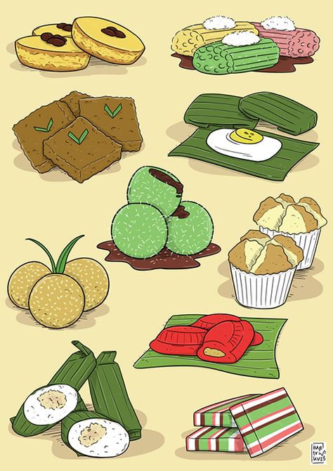 Kuih Raya Cartoon, Graphic Shapes Design, Desain Buklet, Food Artwork, Indonesian Art, Food Cartoon, Food Illustration Art, Cute Food Art, Food Painting