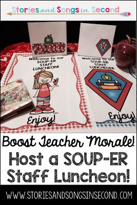 Host a SOUP-er Staff Luncheon! Teacher Soup Luncheon, Teacher Appreciation Soup Bar, Soup Luncheon Theme, Souper Bowl Luncheon, Teacher Luncheon Ideas, Boost Teacher Morale, Faculty Lounge, Appreciation Themes, Leader Gifts