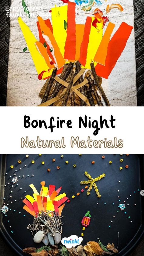 Celebrate bonfire night with eyfs children using these great ideas as inspiration. Create a bonfire night tuff tray using natural materials or a bonfire night craft with sticks. Click on the pin for more bonfire night activities. Bonfire Night Games, Craft With Sticks, Fireworks Activities, Bonfire Crafts For Kids, Fireworks For Kids, Burns Night Crafts, Bonfire Night Guy Fawkes, Bonfire Night Activities, Bonfire Night Crafts