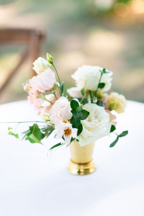 Cocktail Table Arrangement Wedding, Cocktail Arrangement Wedding, Cocktail Table Floral Arrangements, Cocktail Table Arrangement, Small Vase Centerpiece, Gold Vase Centerpieces, Peach Pink Wedding, Peach Cocktail, Table Floral Arrangements