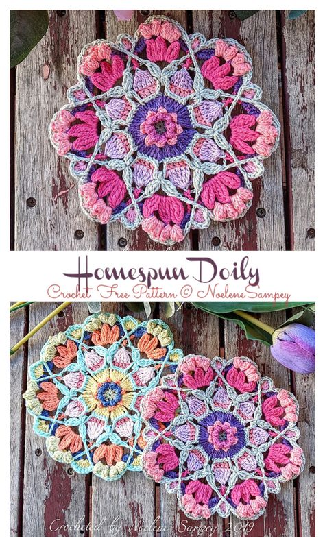 Homespun Doily Crochet Free Pattern Crochet Floral Doily Pattern Free, Crochet Sewing Machine Spool Doily Pattern, Free Crochet Doily Patterns Vintage Knit Crochet Pattern Shop, Delightful Doily Hybrid, Summer Blossom Mandala Crochet, Mandala Crochet, Mandala Wall Hanging, Simply Crochet, Crocheted Flowers